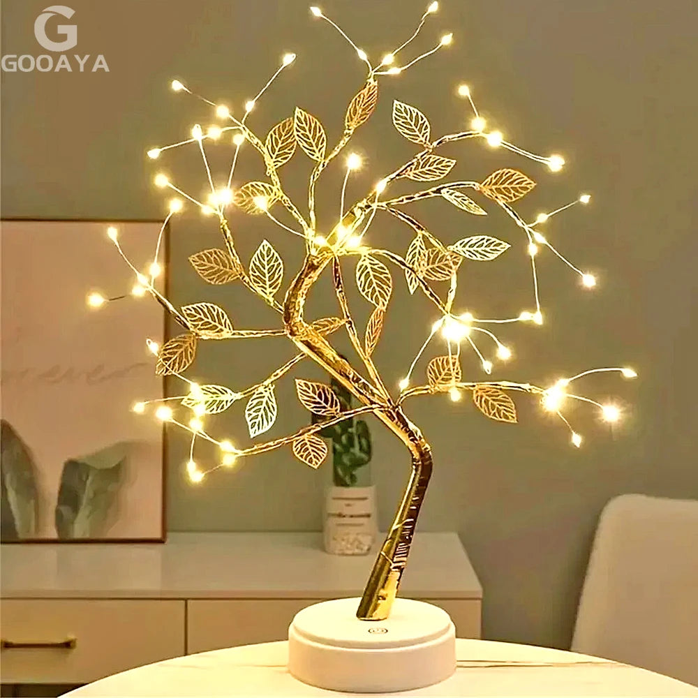 arbre lumineux decoratif feuilles dorées fleurs roses or contemporain interrupteur piles aaa interface usb