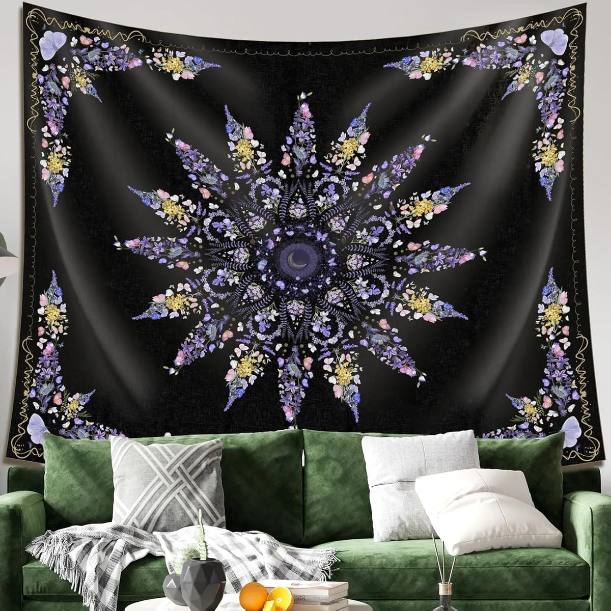 tapisserie murale boho chic motif floral complexe polyester beige clair foncé rectangle moderne