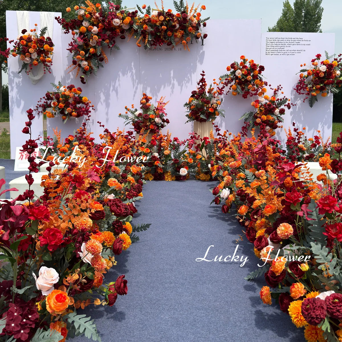 décoration mariage arche fleurs artificielles rouge orange intérieur champêtre anniversaire baby shower