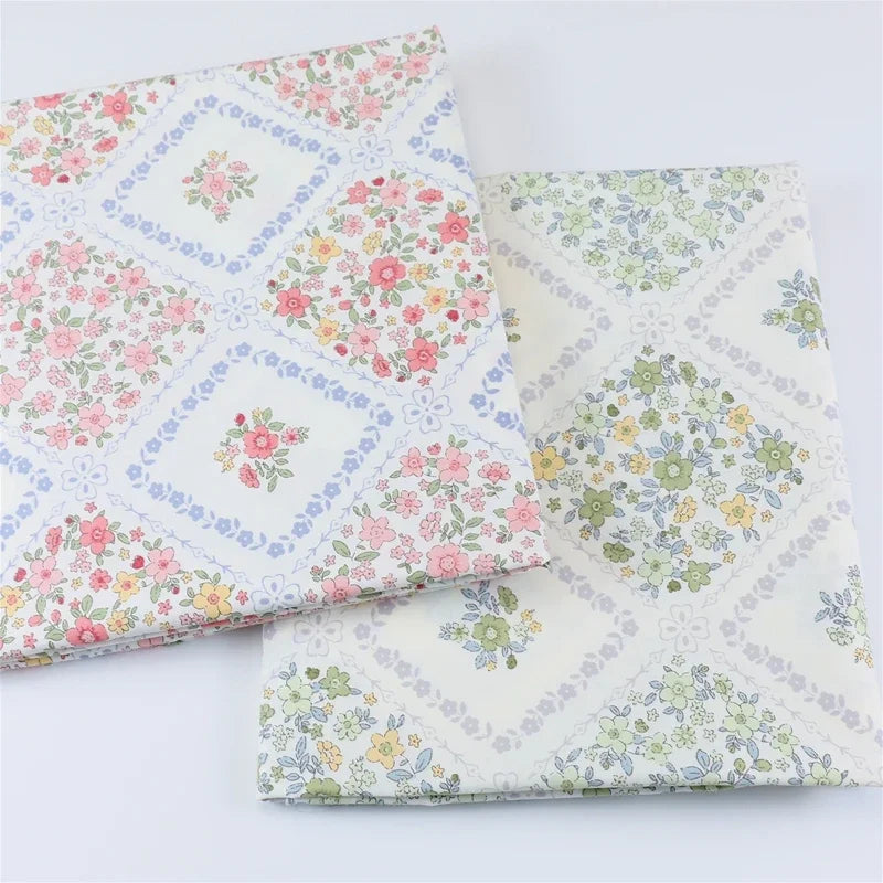 tissu coton imprimé fleurs carreaux blanc rose vert bleu jaune vintage 235cm popeline sergé
