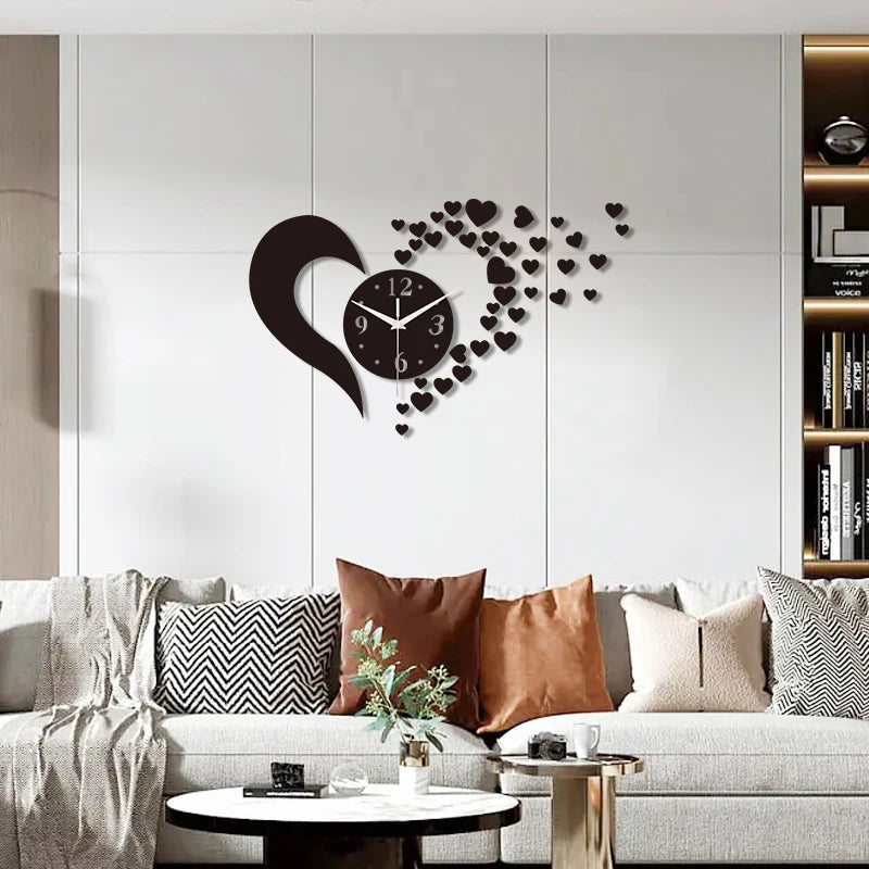 horloge murale acrylique forme cœur quartz noir décoration moderne chambre salon adhésif aiguille