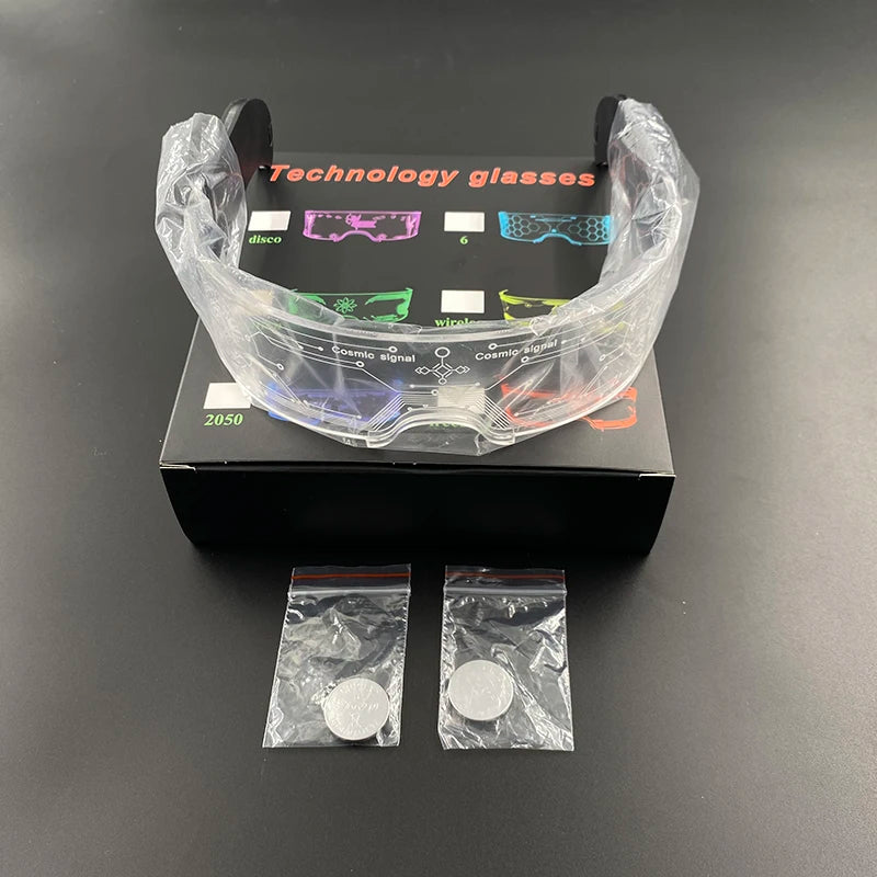 lunettes lumineuses led futuristes transparentes paillettes circuit imprimé élastique fête rave club nuit