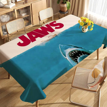 nappe table rectangulaire imperméable motif requin cinéma bleu rouge blanc fête anniversaire