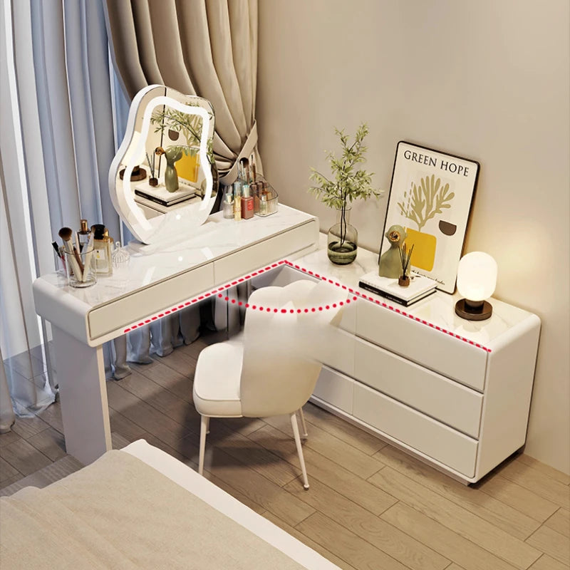 meuble coiffeuse bois blanc moderne tiroirs miroir tabouret lampe maquillage chambre