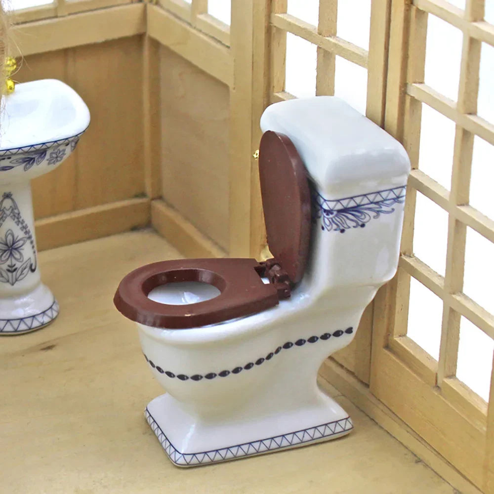 ensemble salle bain miniature baignoire lavabo miroir toilette décor floral vintage doré blanc