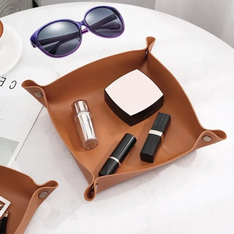 plateau rangement pliable simili cuir moderne orange rose clair vert foncé minimaliste dorés lunettes