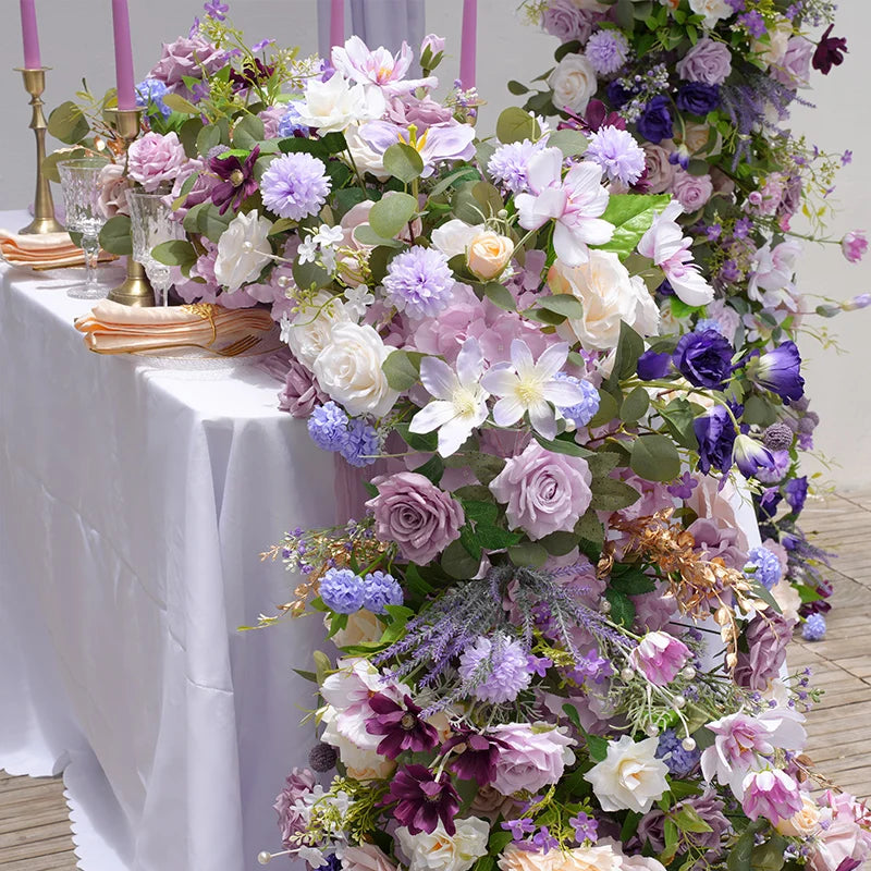 tapis table décoration mariage violet rose blanc fleurs artificielles romantique champêtre élégantextérieur anniversaire