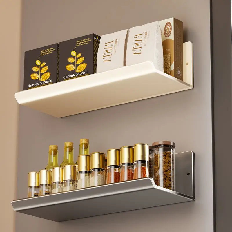 étagères murales pliantes modernes gris beige adhésif sans perçage organisation cuisine minimaliste
