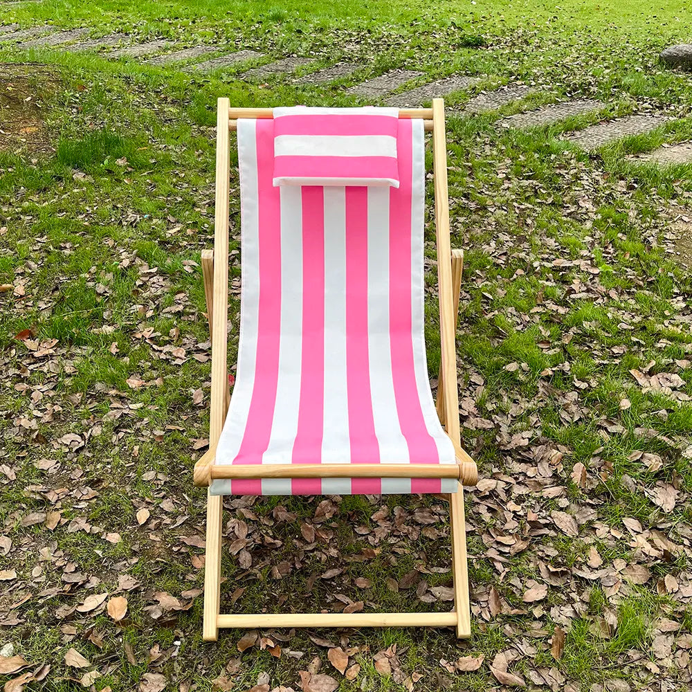 chaise longue pliable bois massif toile rayée plateau d'appoint plage