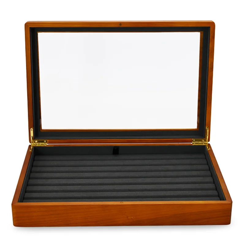 boîte bijoux bois marron clair intérieur beige simili cuir rangement display stackable organizer anneaux