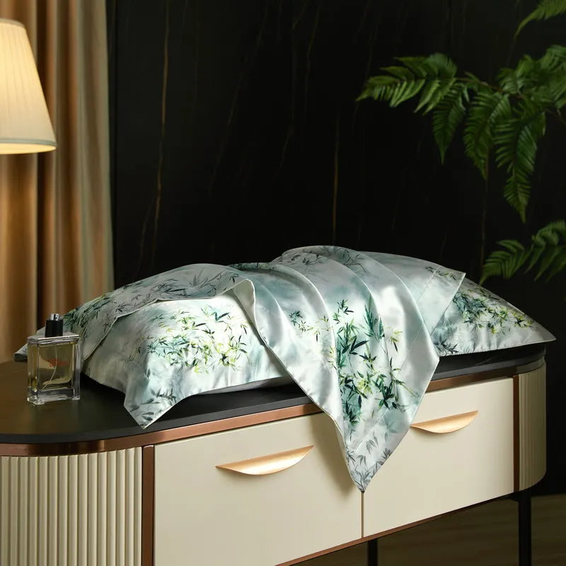drap lit vert clair blanc motif feuilles bambou coton doux coton naturel