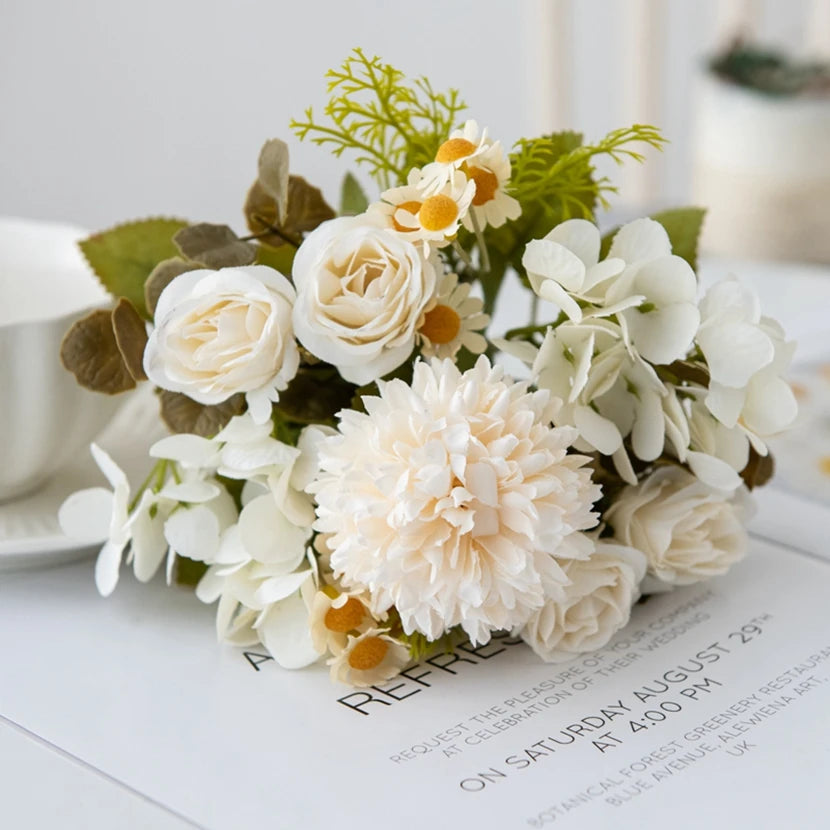 bouquet fleurs artificielles velours rose blanc beige vert modernes élégantes décoration intérieure mariage anniversaire