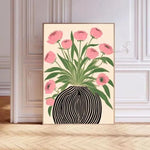 tableau moderne toile fleurs roses feuilles vertes vase rayé noir blanc minimaliste