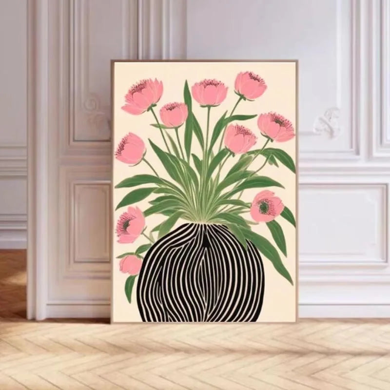 tableau moderne toile fleurs roses feuilles vertes vase rayé noir blanc minimaliste