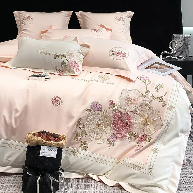 ensemble literie rose clair broderie florale 100 coton king full queen