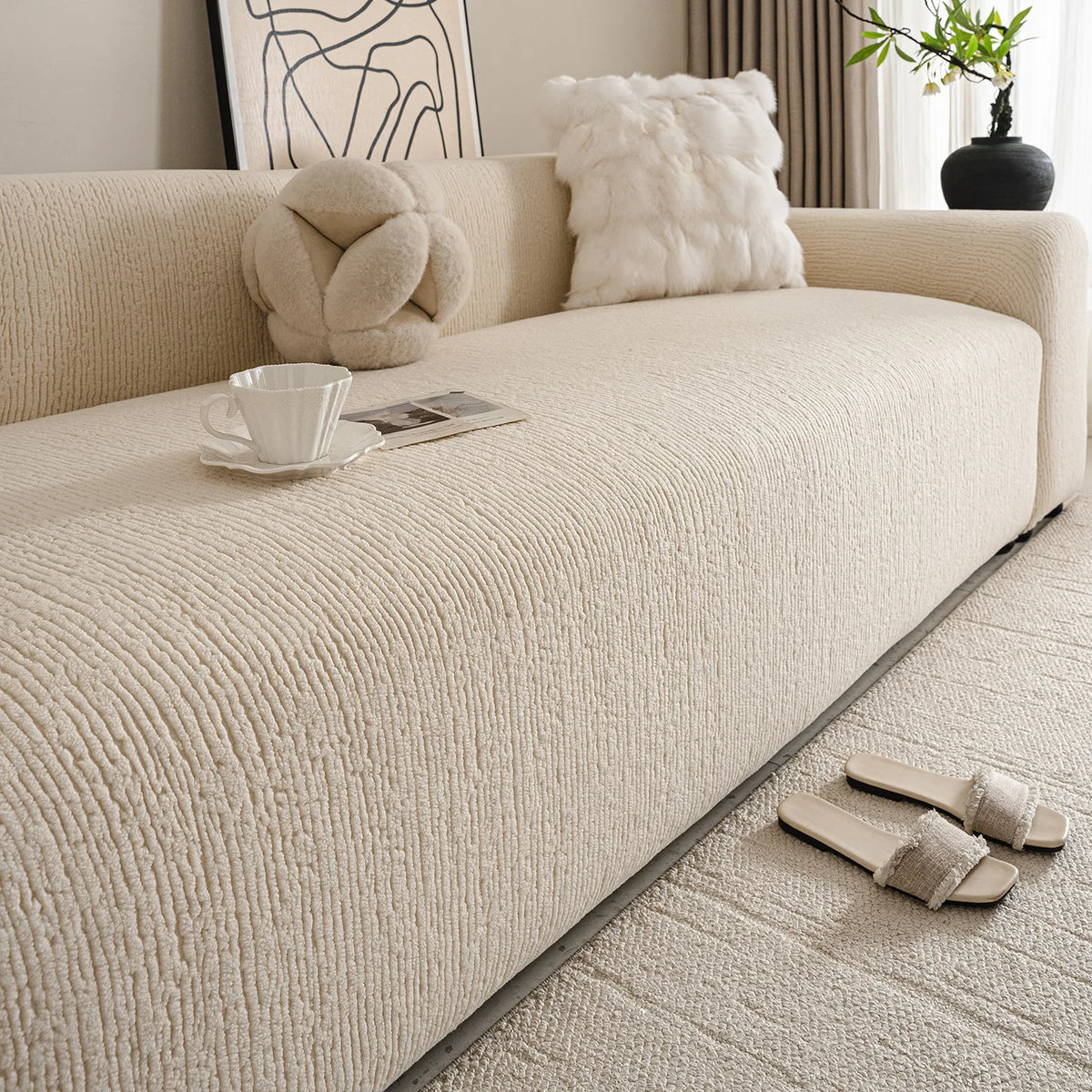 housse canapé rayures beige gris moderne polyestère lavable 90 300cmversible