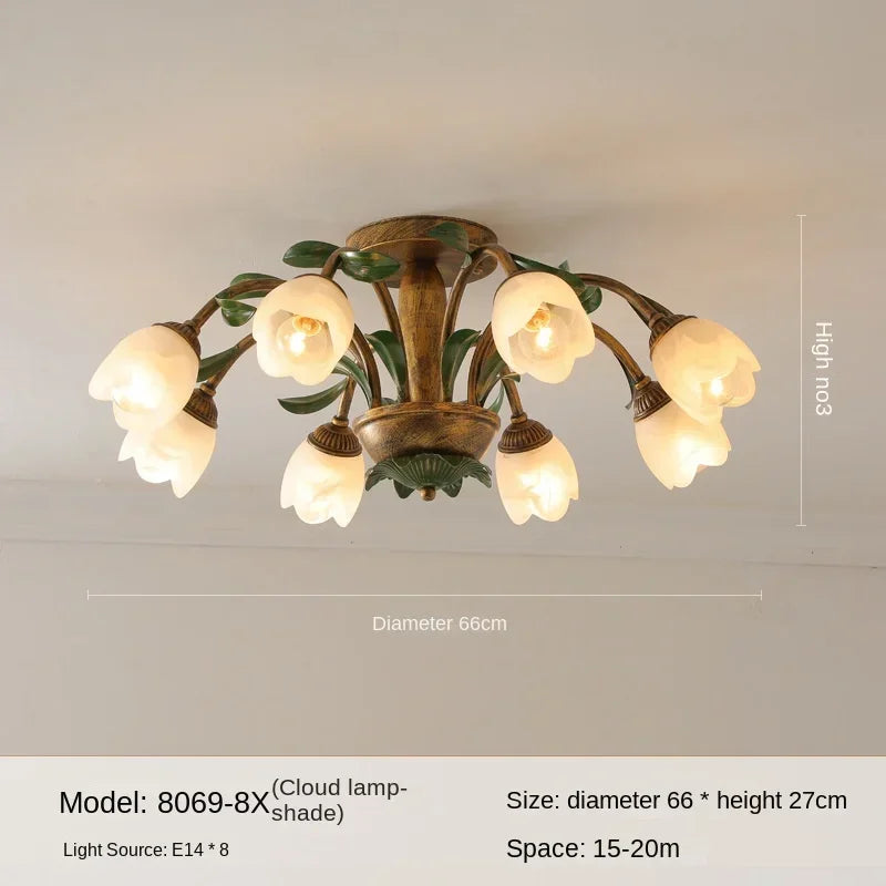 lampe vintage fleurs verre feuilles métal doré vert salon chambre