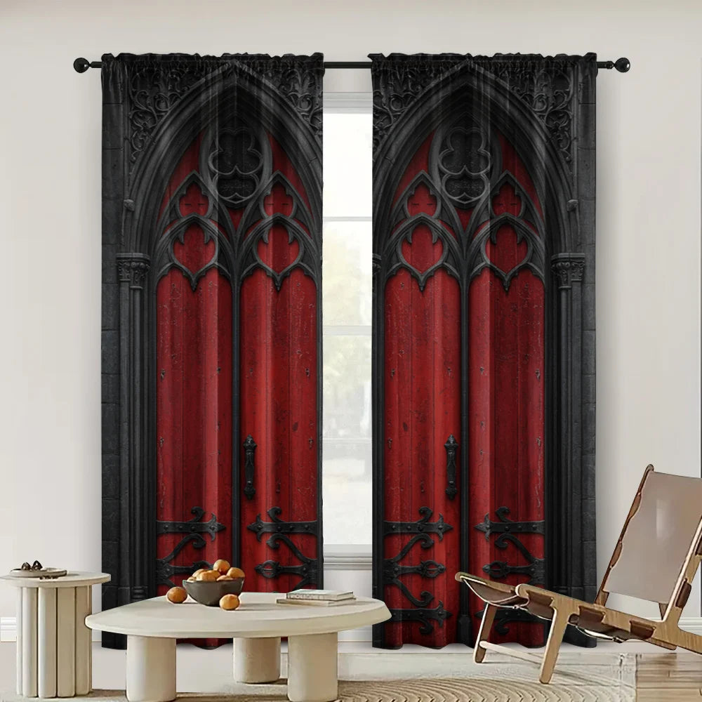 rideaux gothiques deux pièces porte métallique rouge noir tissu polyester extérieure intérieure