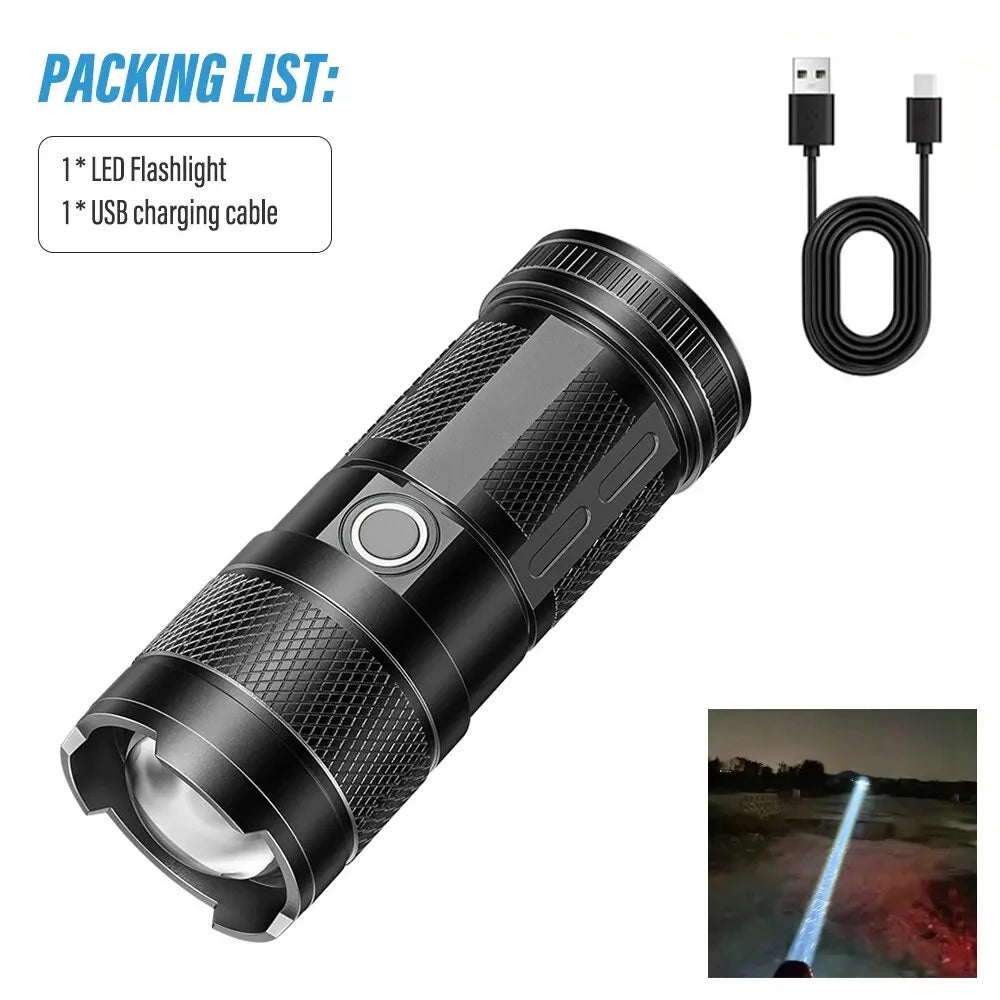 lampe poche led rechargeable modes éclairage distance 500mètres noir argenté moderne