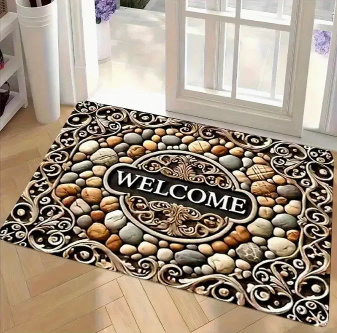 tapis sol intérieur extérieur motif pierre beige accueil bienvenue porte entrée maison rustique
