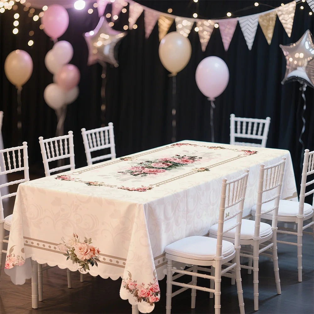 nappe table fleur rose beige clair classique romantique imperméable machine réutilisable 140x140cm 180x140cmextérieurhôtelmarriagesbanquet