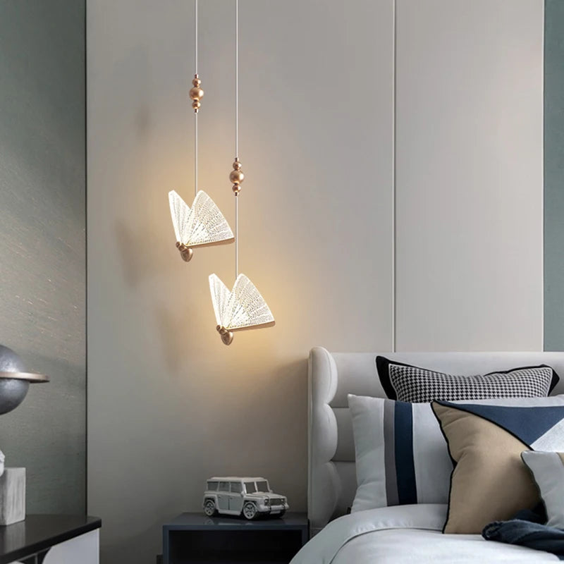 suspension lumineuse moderne papillon blanc doré translucide 10cm 15cm 17cm 150cm