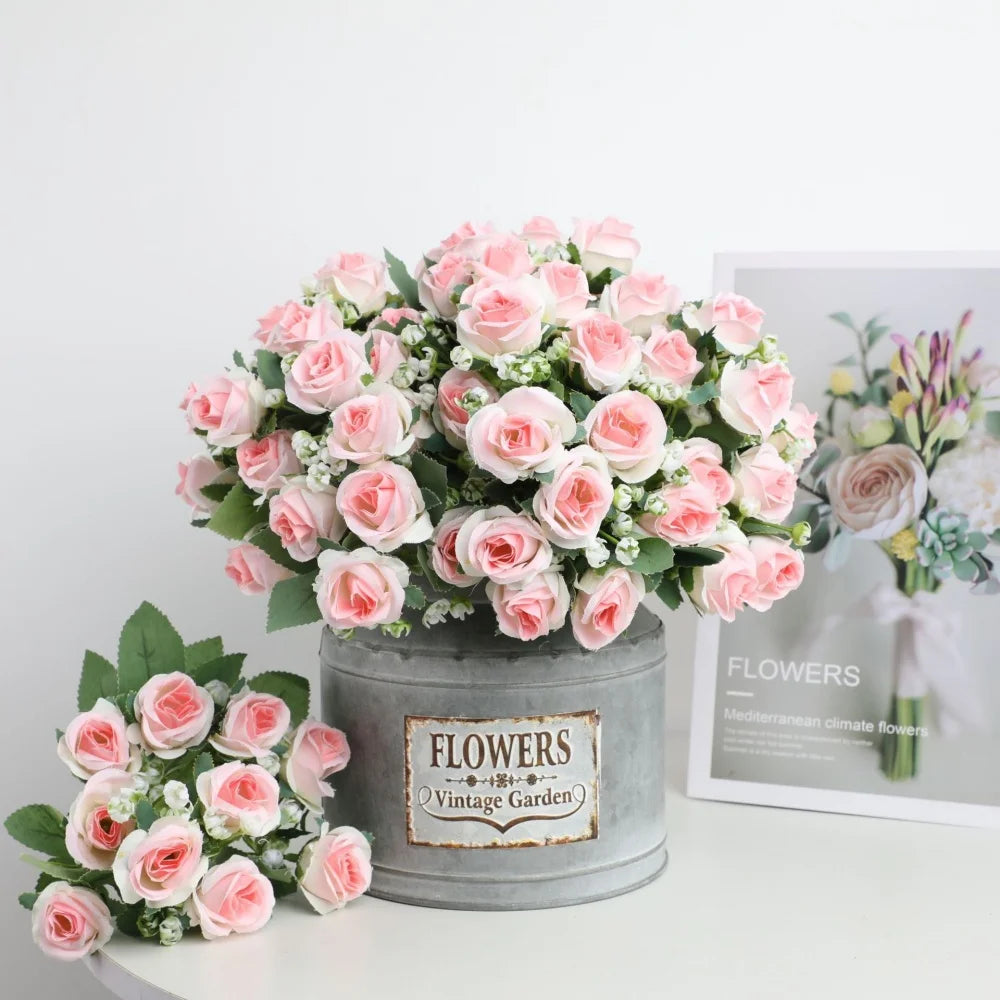 bouquets roses artificielles rouge blanc orange décoration intérieure mariage anniversaire fêtes chambre maison