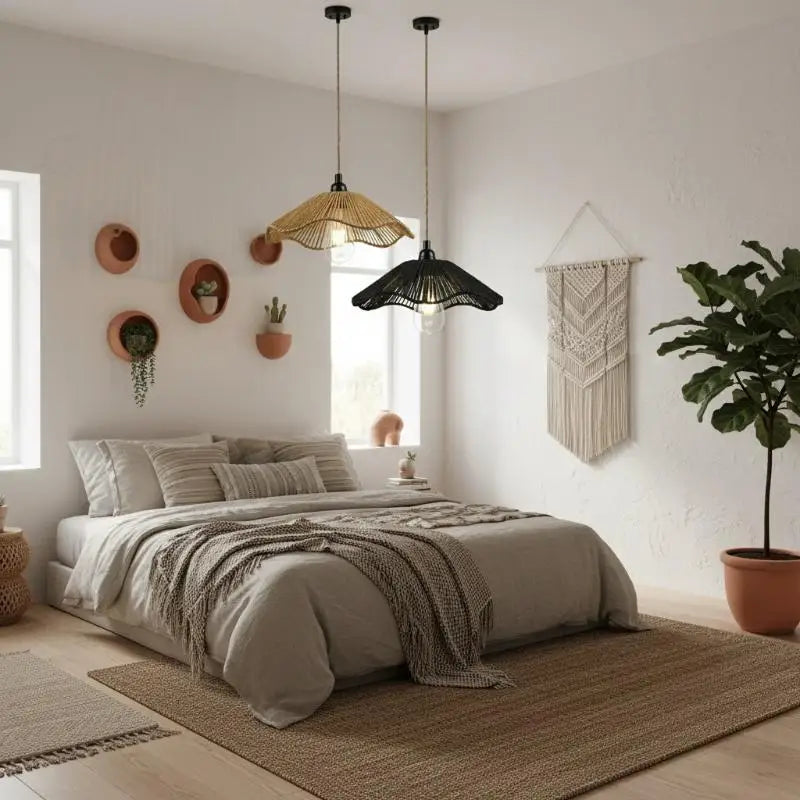 Suspension lumineuse moderne tissée naturelle bois opaque chaîne ampoule noir vintage