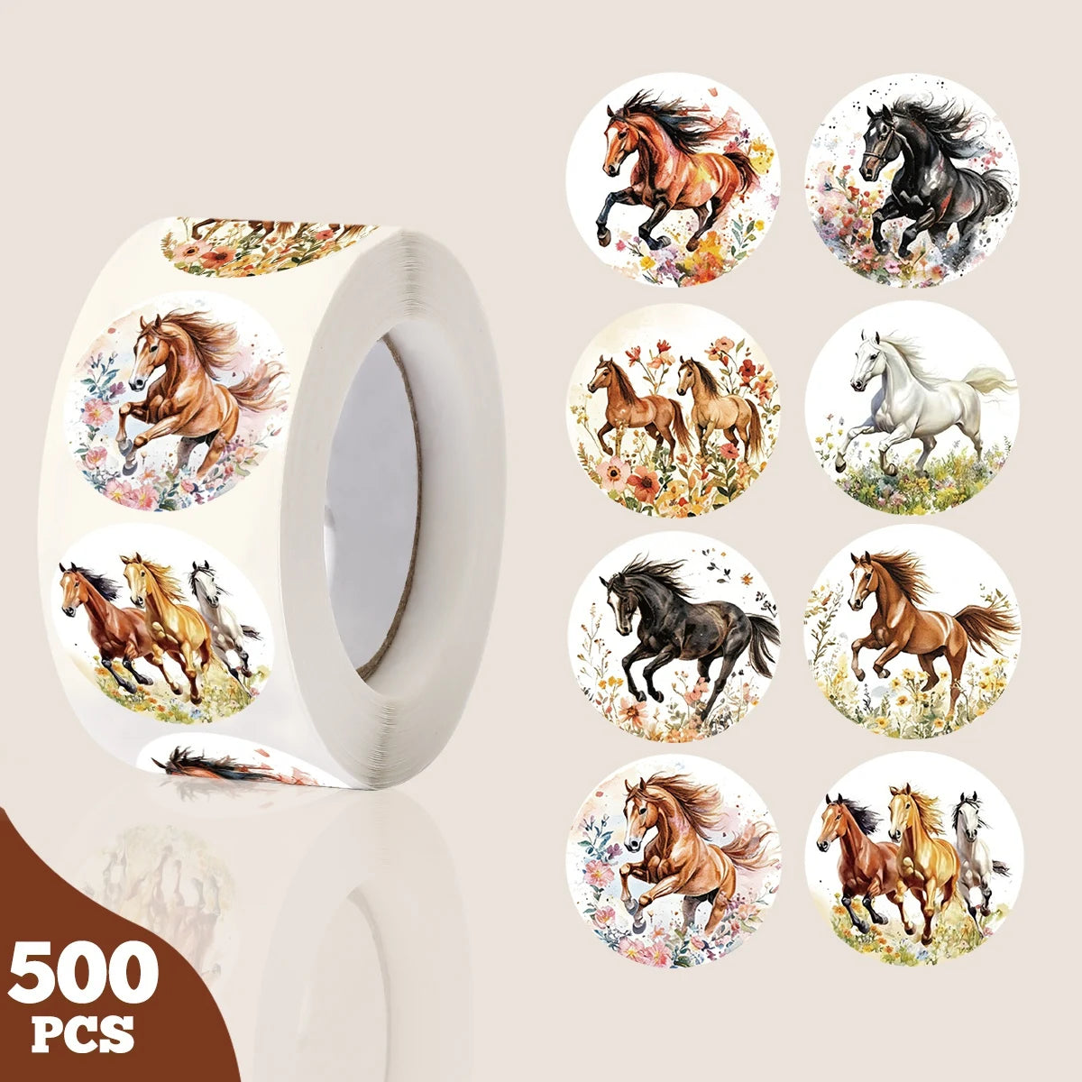 autocollants chevaux scènes naturelles fleurs blanc noir marron gris rose vert bleu illustration réaliste