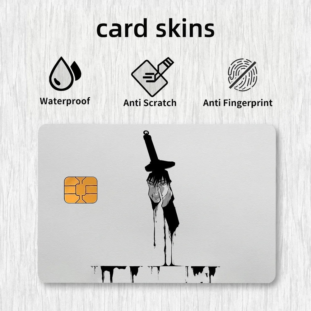 cartes crédit personnalisées adhésives anime fushiguro épée motif abstrait moderne blanc noir orange