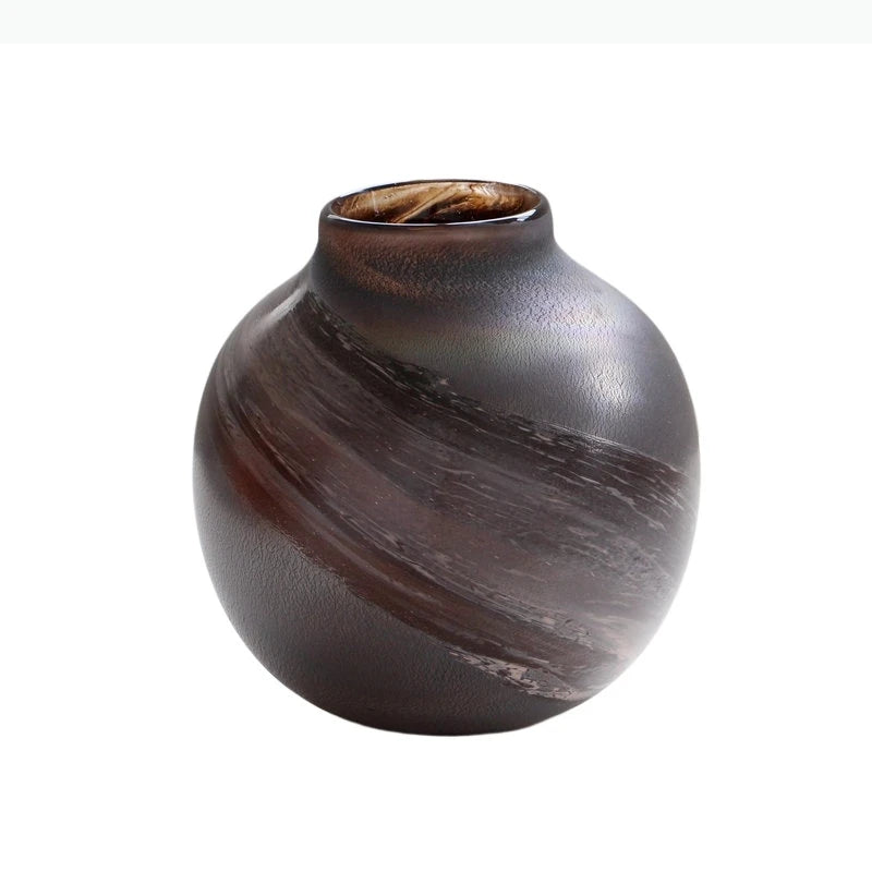vase rond verre peint marron beige orange rouge vert motifs abstraits rayures translucide tableDecoration