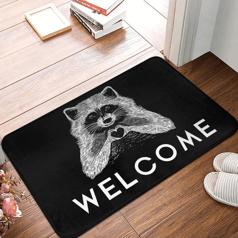 tapis d'entrée anti dérapant raton laveur moderne noir blanc gris salonextérieur
