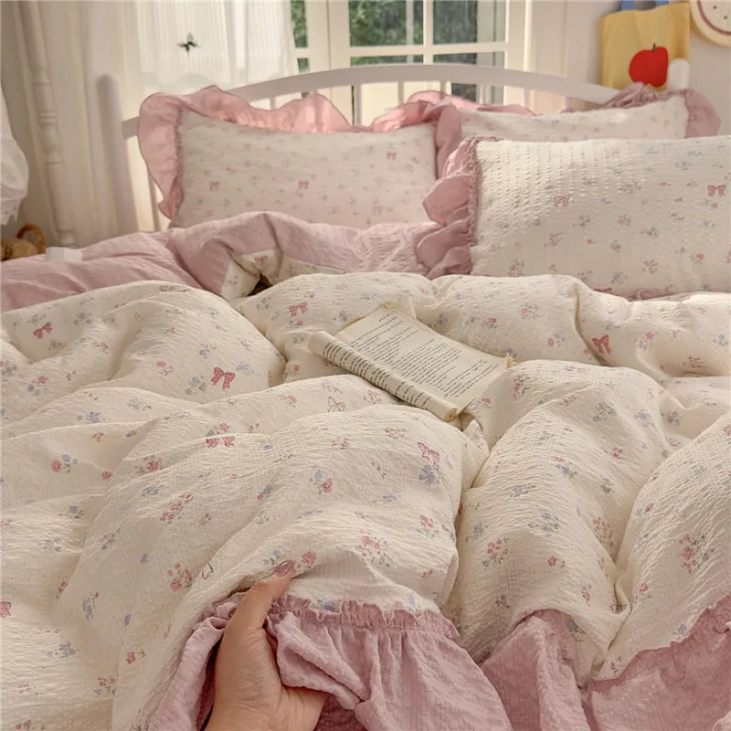 ensemble literie princesse housse couette drap taies oreiller fleurs roses romantique doux