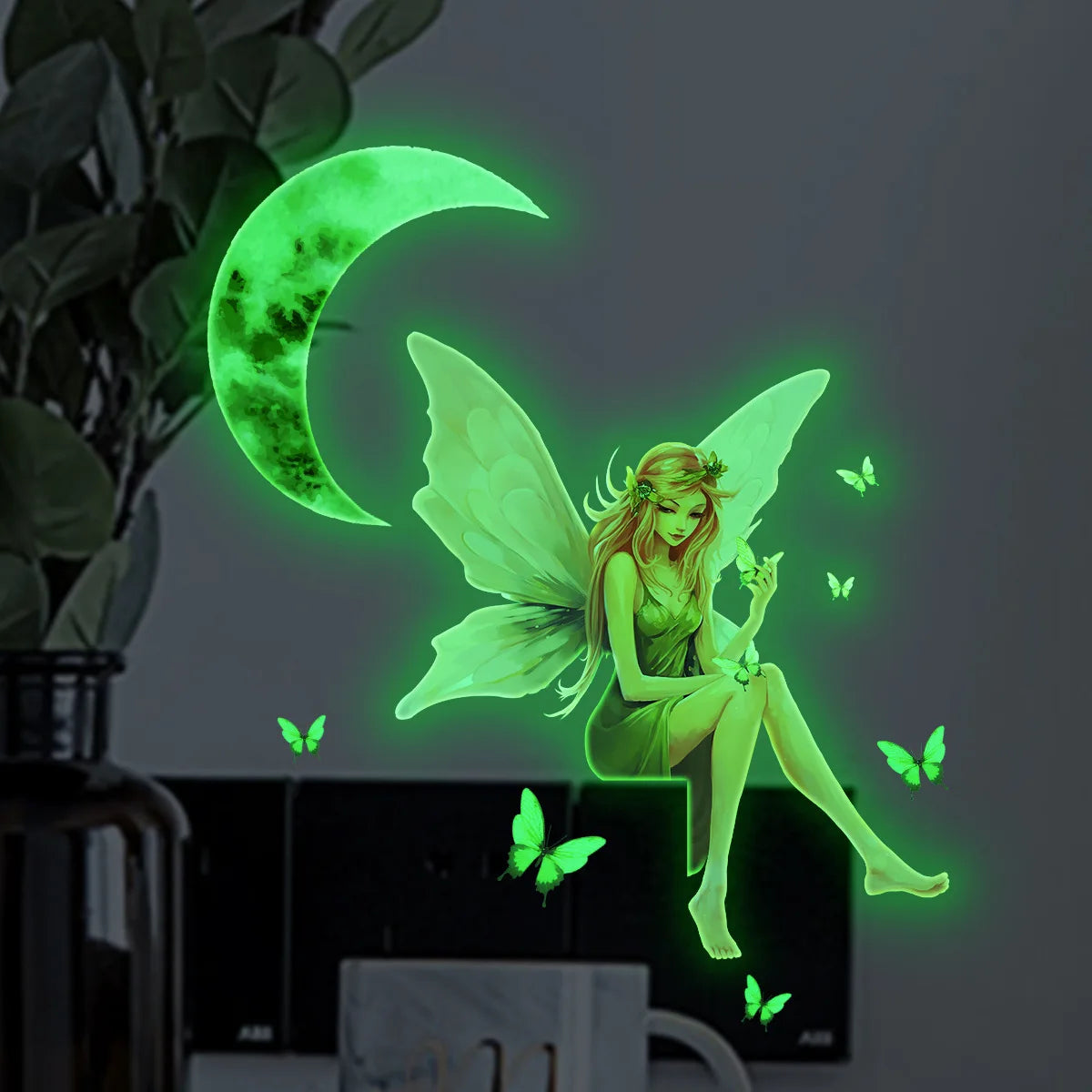 sticker mural fée papillons lune vert rose blanc dessin animé chambre enfants fluorescent