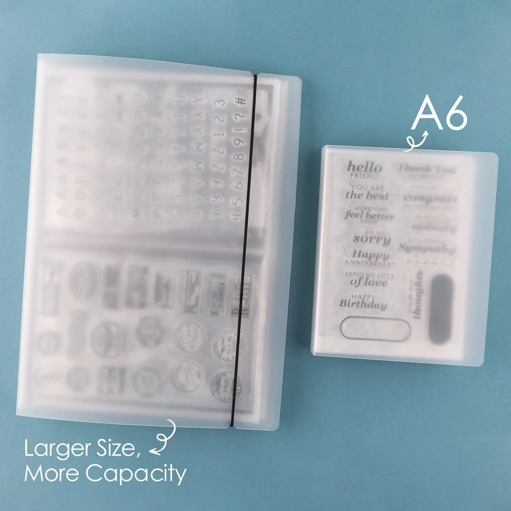 rangement scrapbooking tampons matrices dies transparent feuilles lettres chiffres motifs élastique noir album plastique