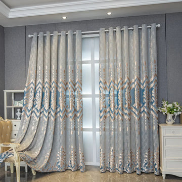 rideau occultant velours motif floral bleu beige gris classique fenêtre salon chambre maison