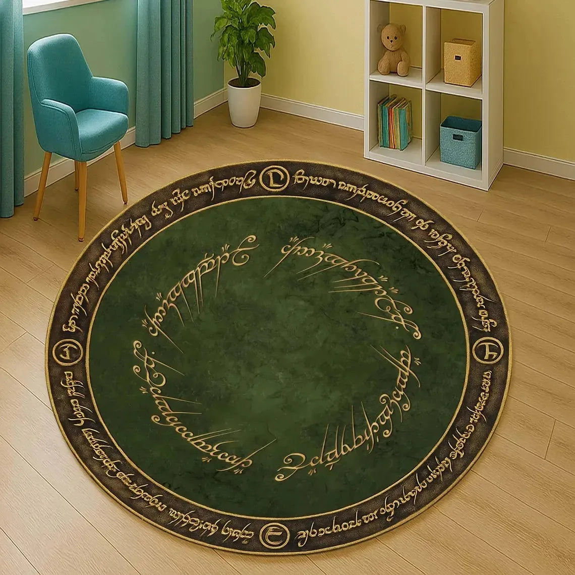 tapis rond vert foncé motif lettres dorées terre milieu classique polyester anti dérapantextérieur salon