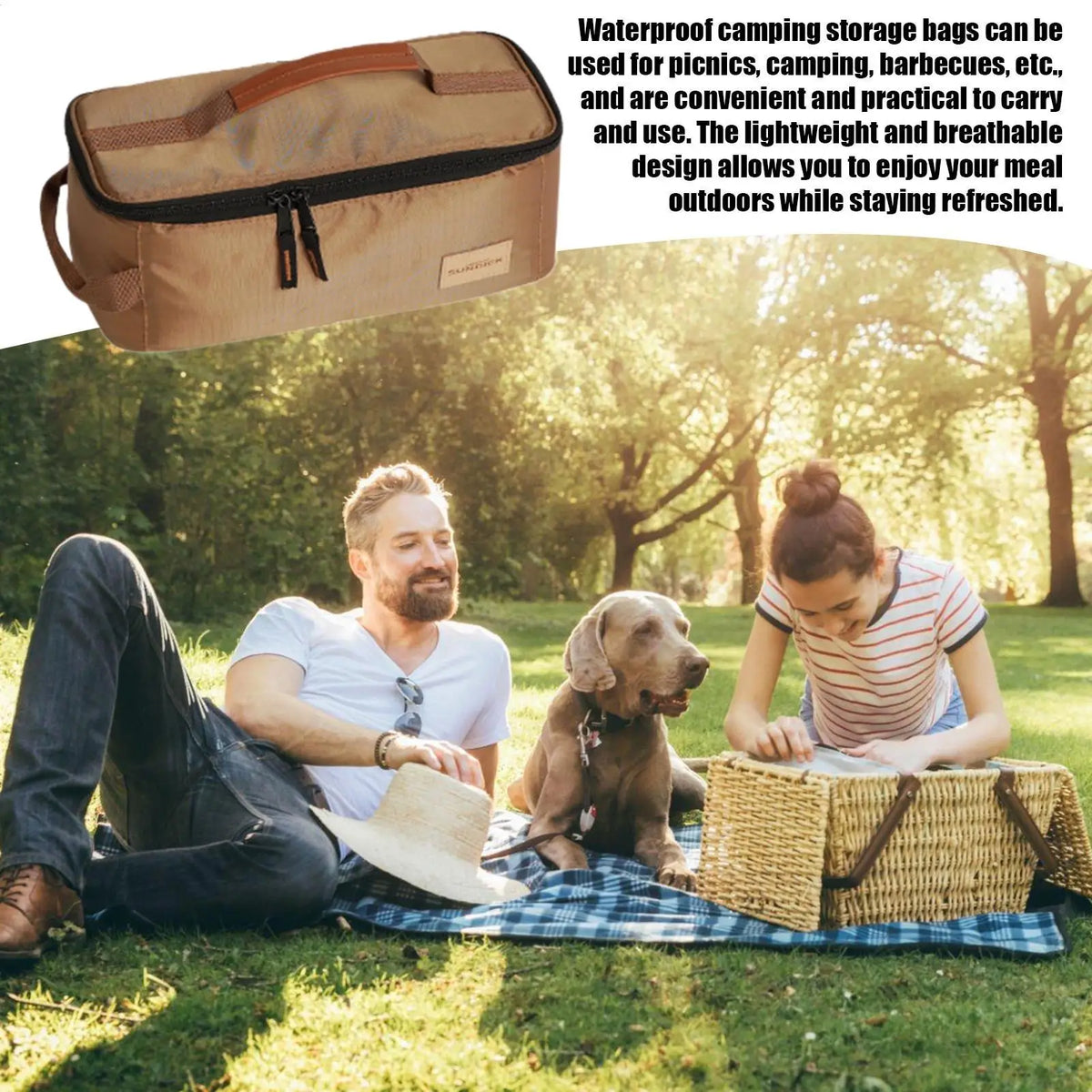 sac rangement pique nique camping isotherme vaisselle casseroles couverts opacité tissu texturé zip poignée