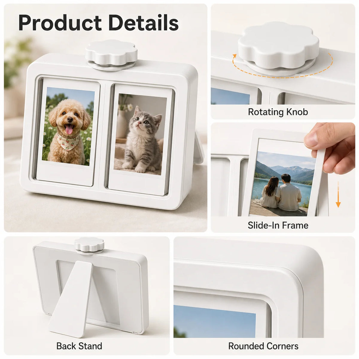 cadre photo rotatif blanc noir photos pouces interchangeables moderne pratique