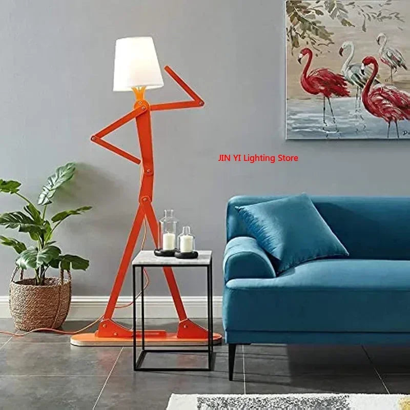lampe sol moderne bras articulés tête lumineuse bois orange éclairage led original fixations modernes