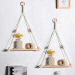 étagère suspendue macramé bois boho décor chambre salon nursery plantes anneaux métal