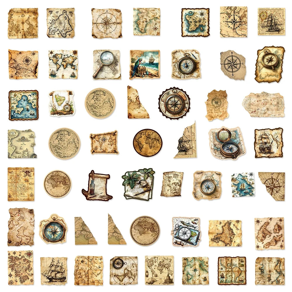 serviettes vintage cartes anciennes boussoles motifs géométriques beige marron bleu noir stickers deco 30pcs