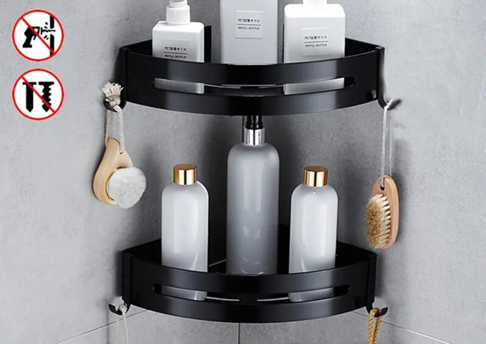 étagère angle moderne noire blanche or adhésive réutilisable salle bain douche trois niveaux fixations