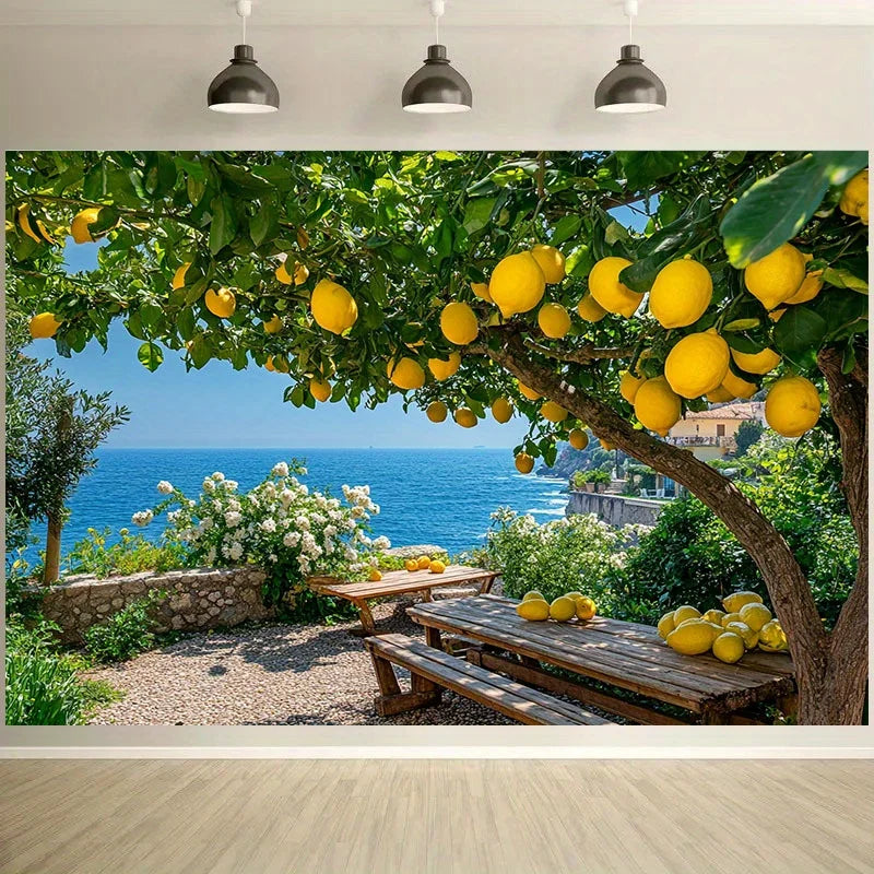Poster mural paysage marin arbres fruitiers vert jaune bleu beige
