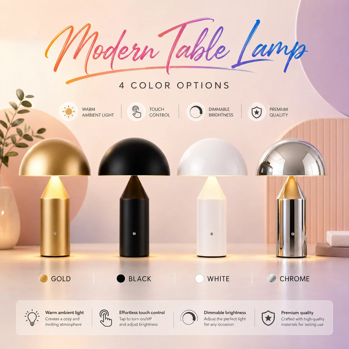 lampe table moderne or noir ambre led controle tactile usb charge chambre contemporaine compact