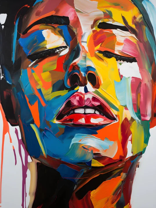 tableau abstrait multicolore contemporain expressionniste sans cadre portrait femme toile peinte décoration intérieure moderne