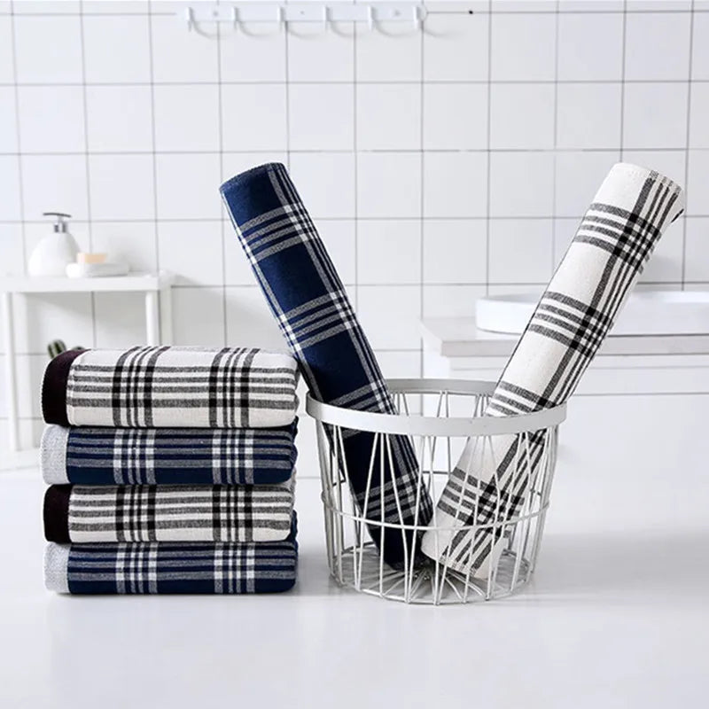 serviette bain coton carreaux bleu blanc rapide absorption 34x76cm minimaliste moderne