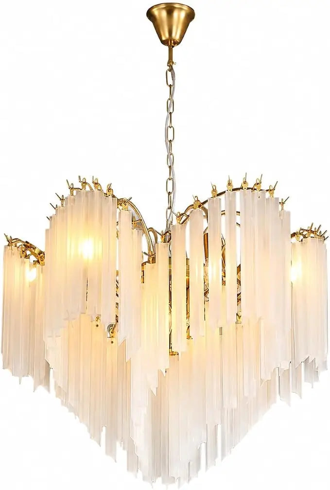 chandelier moderne or opalescent lumière blanche chaîne suspension élégante chambre salon