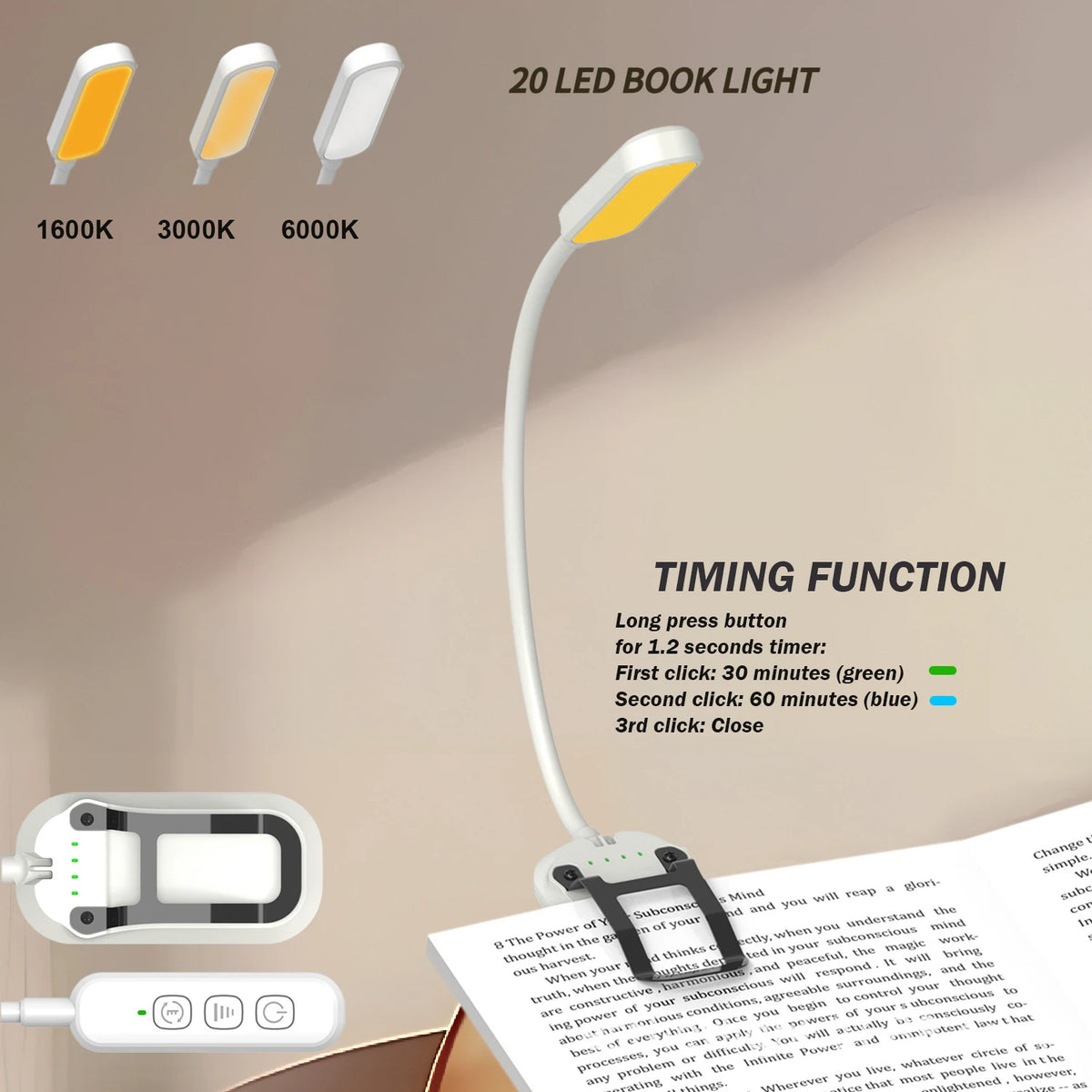 lampe lecture led rechargeable blanc clip moderne minimaliste couleurs niveaux luminosité usb