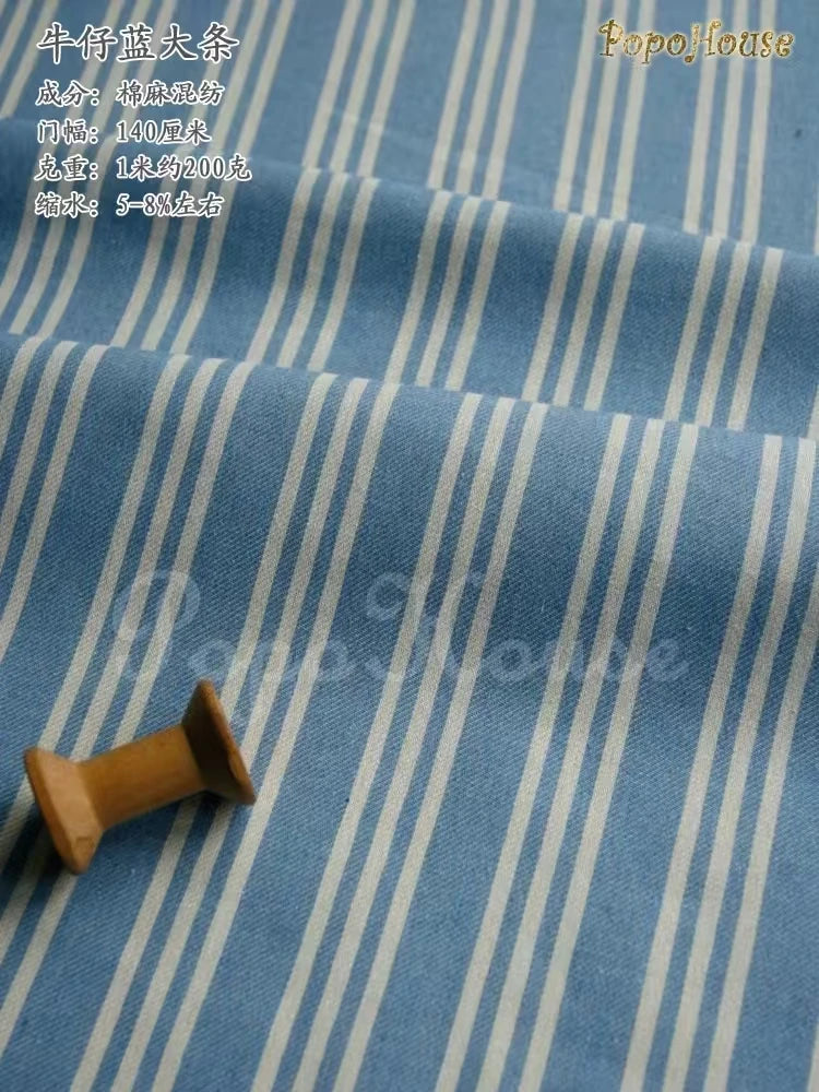 tissu popeline rayé rustique coton lin beige rouge bleu opaque artisanal biodegradable 140cm